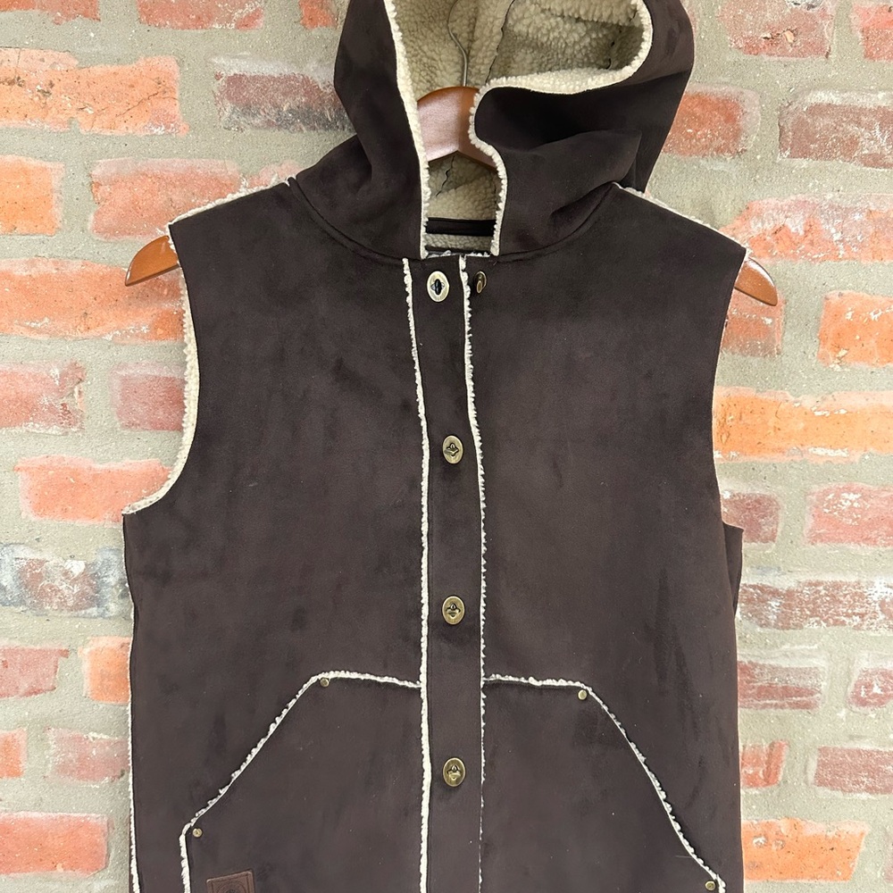 Vtg Ralph Lauren hooded brown faux suede Vest  faux leather shearling petite S